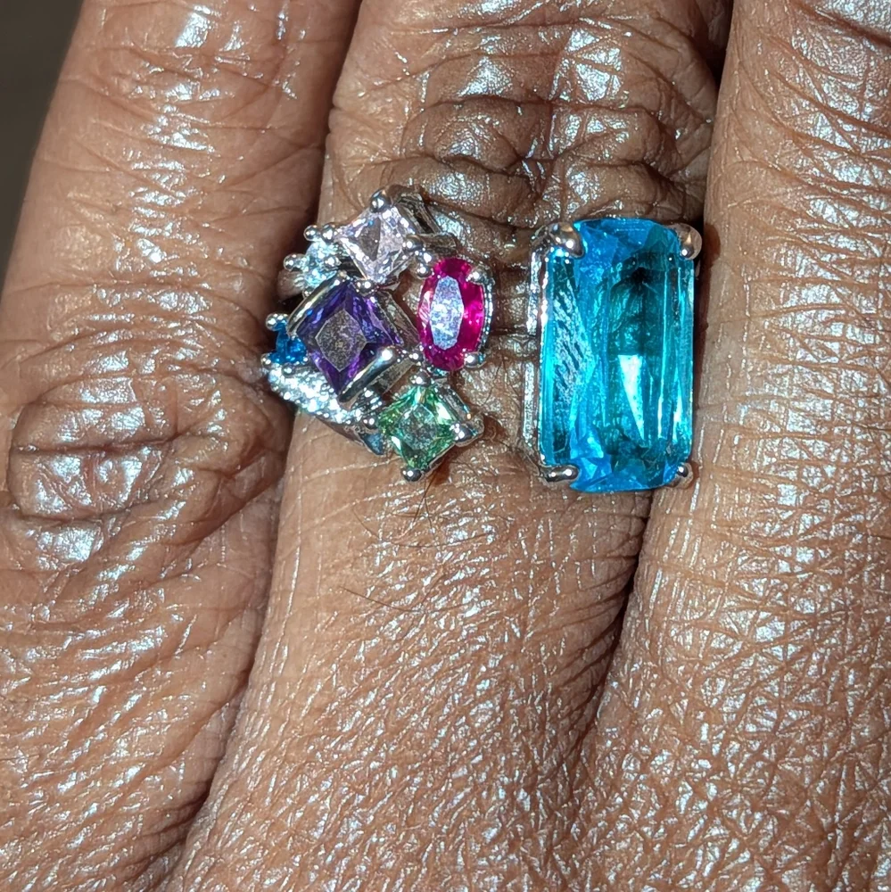Vibrant Silvery Multi-Gemstone Open Resizable Ring
